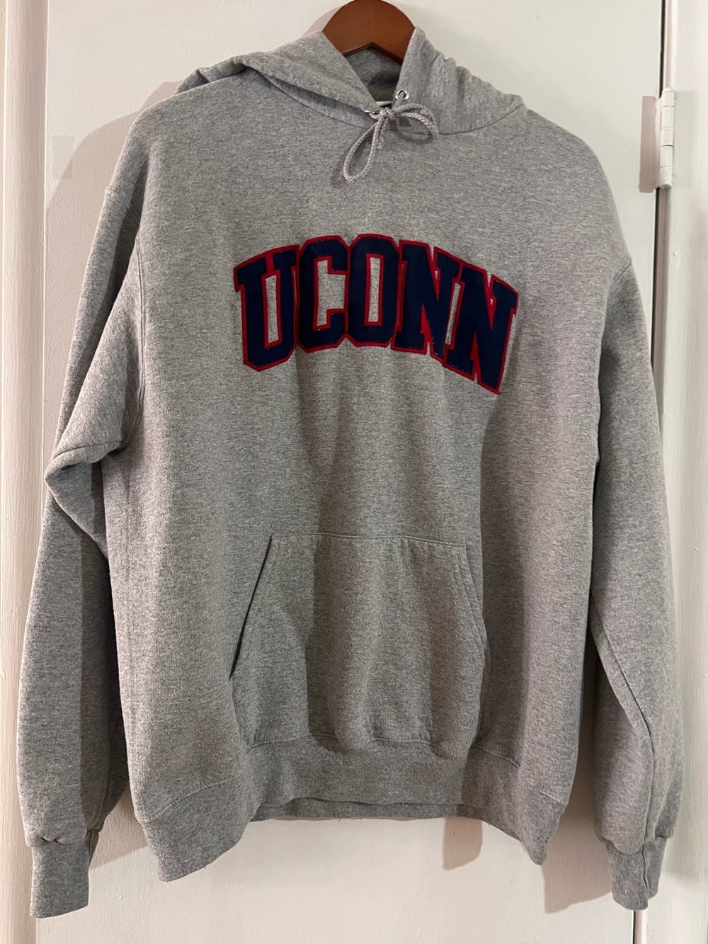 Champion Gray UConn Hoodie with Navy & Red Lettering - Large